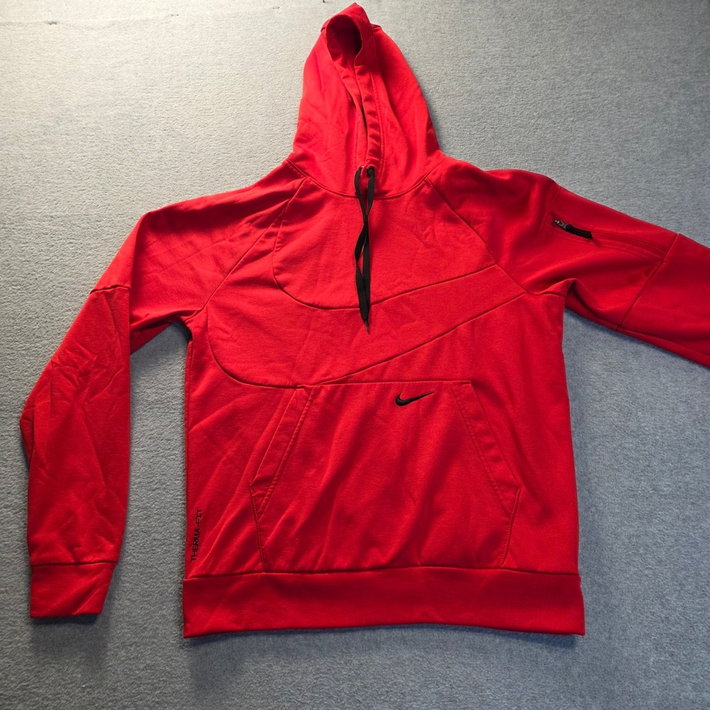 Nike Therma Fit Red Hoodie Mens Small Pullover Big Swoosh Athletic Sweatshirt